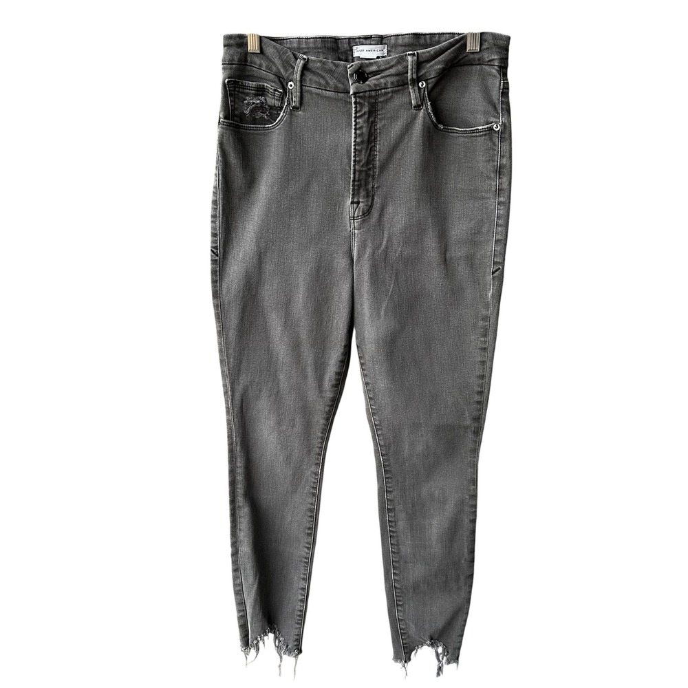 Good American Jeans Pants Good Legs Crop Grey Black Distressed Raw Hem Size 10